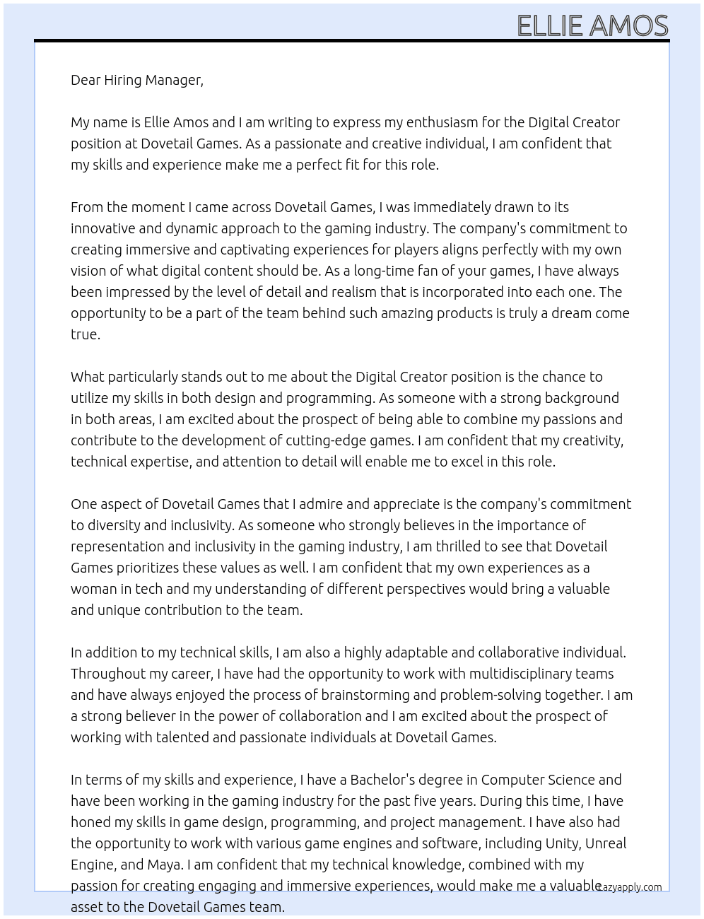 Digital Creator At Dovetail Games Cover Letter
