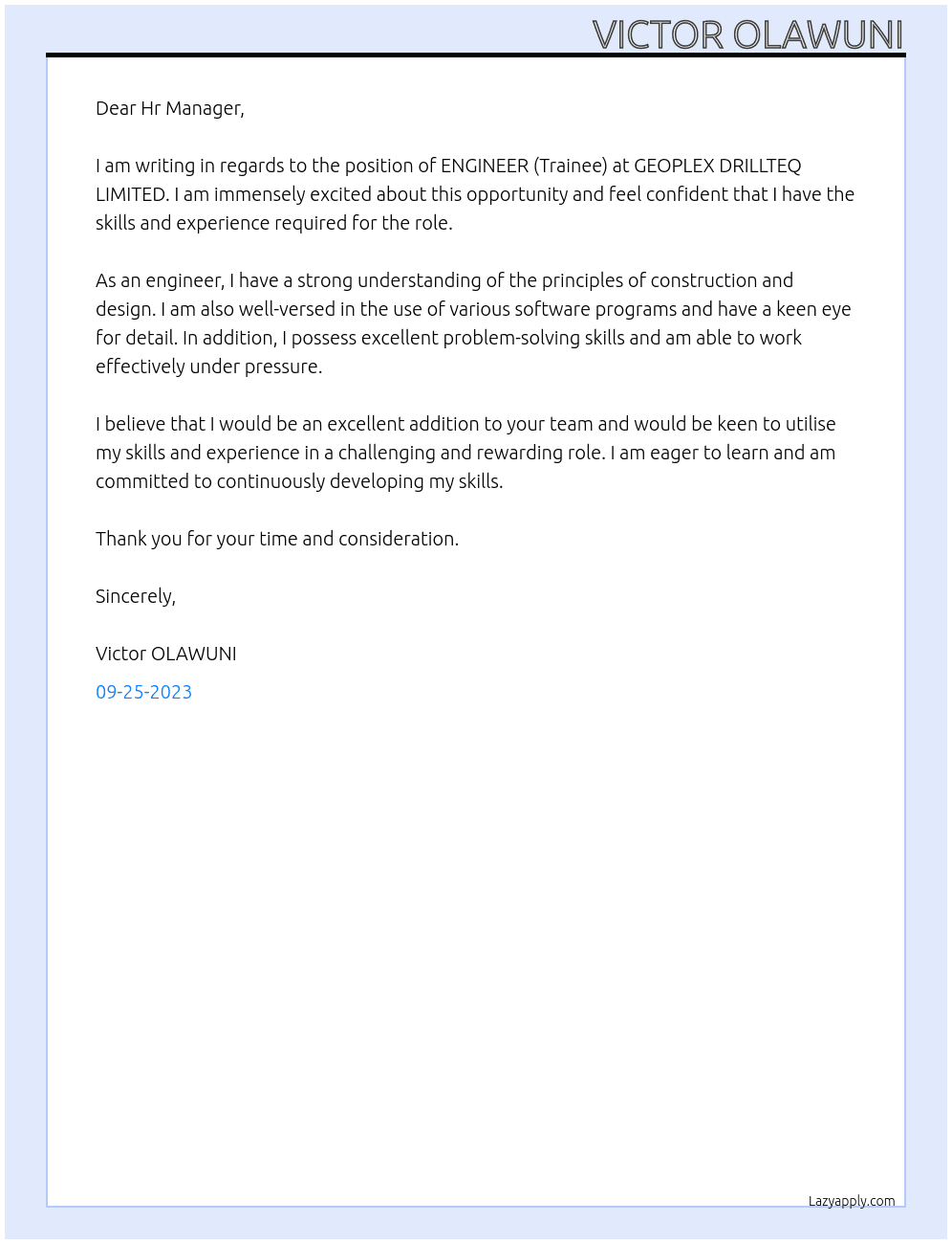 ENGINEER (Trainee) At GEOPLEX DRILLTEQ LIMITED Cover Letter