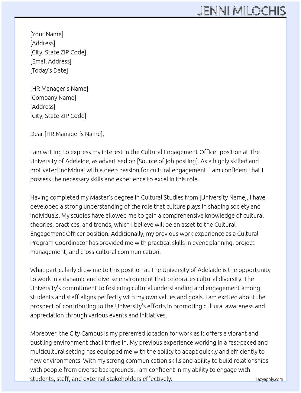 Cultural Engagement Officer At The University of Adelaide Cover Letter