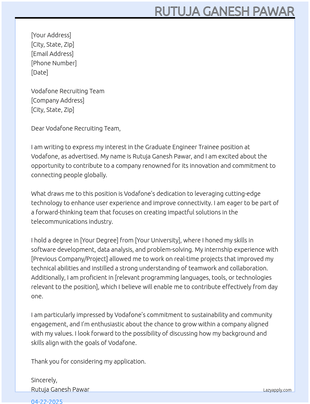 Graduate Engineer Trainee  At Vodafone  Cover Letter