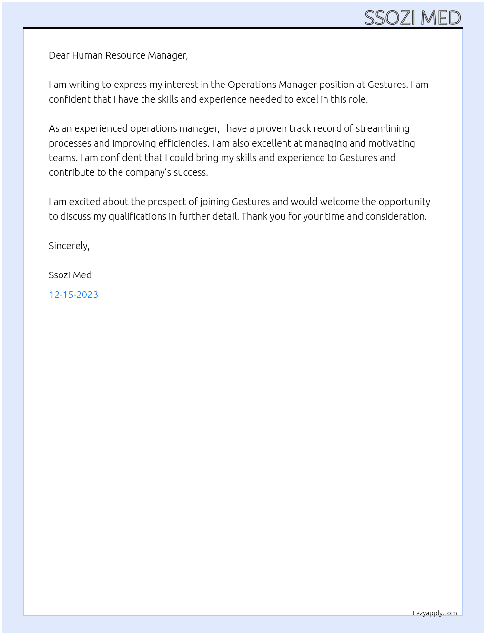 operation manager At gestures Cover Letter
