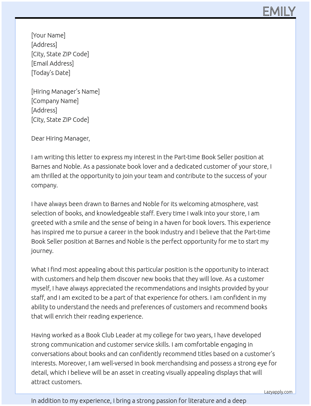 Part time book seller At Barnes and Noble Cover Letter