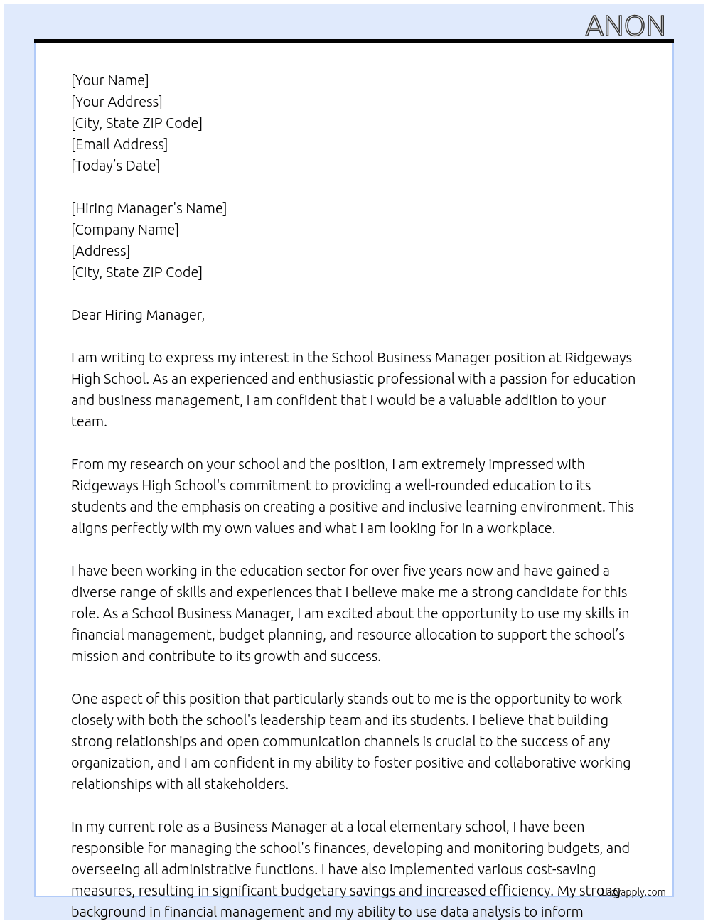 School Business Manager At Ridgeways High School  Cover Letter