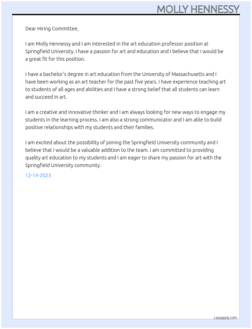 Art education professor At Springfield University Cover Letter