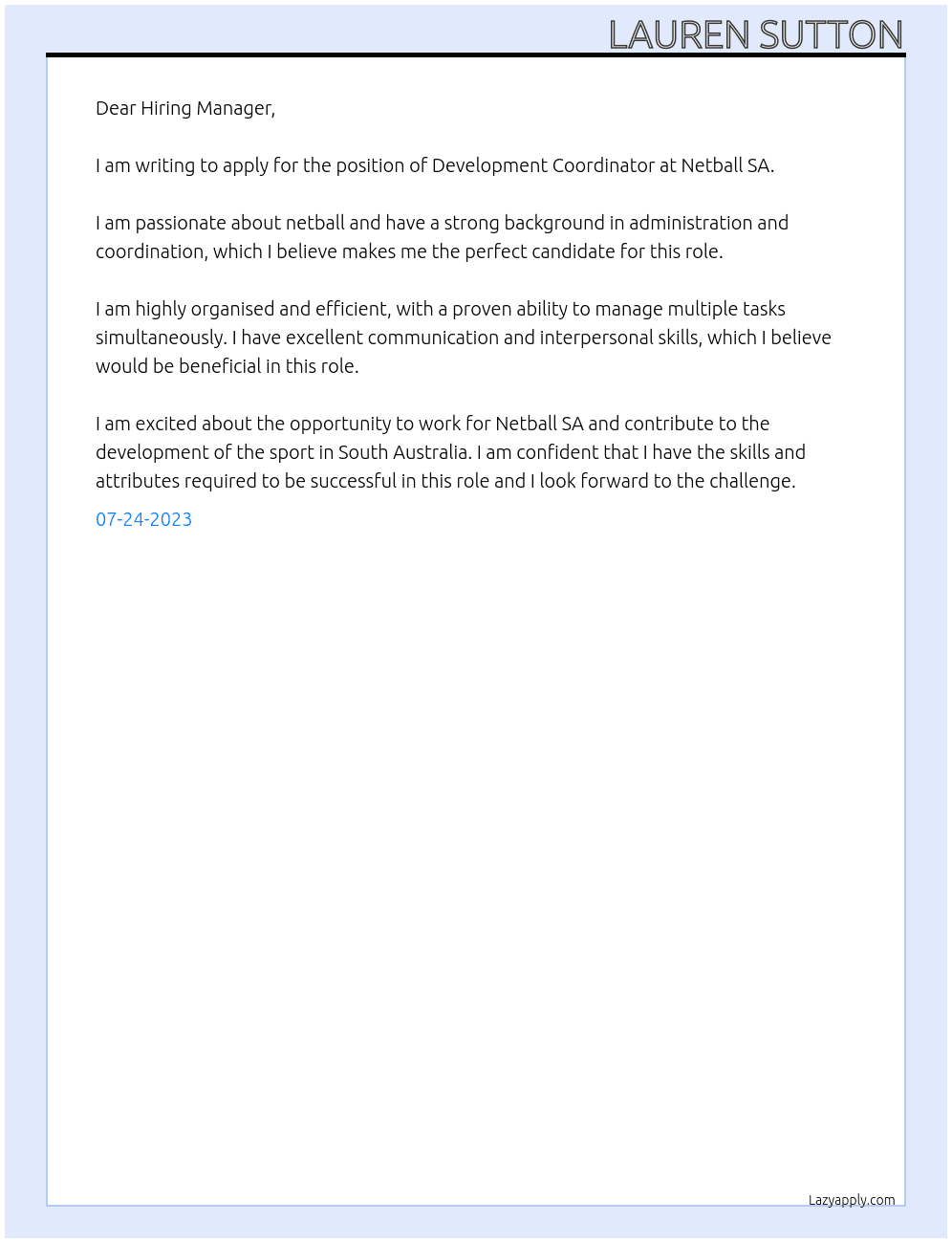 Development Coordinator At Netball sa Cover Letter