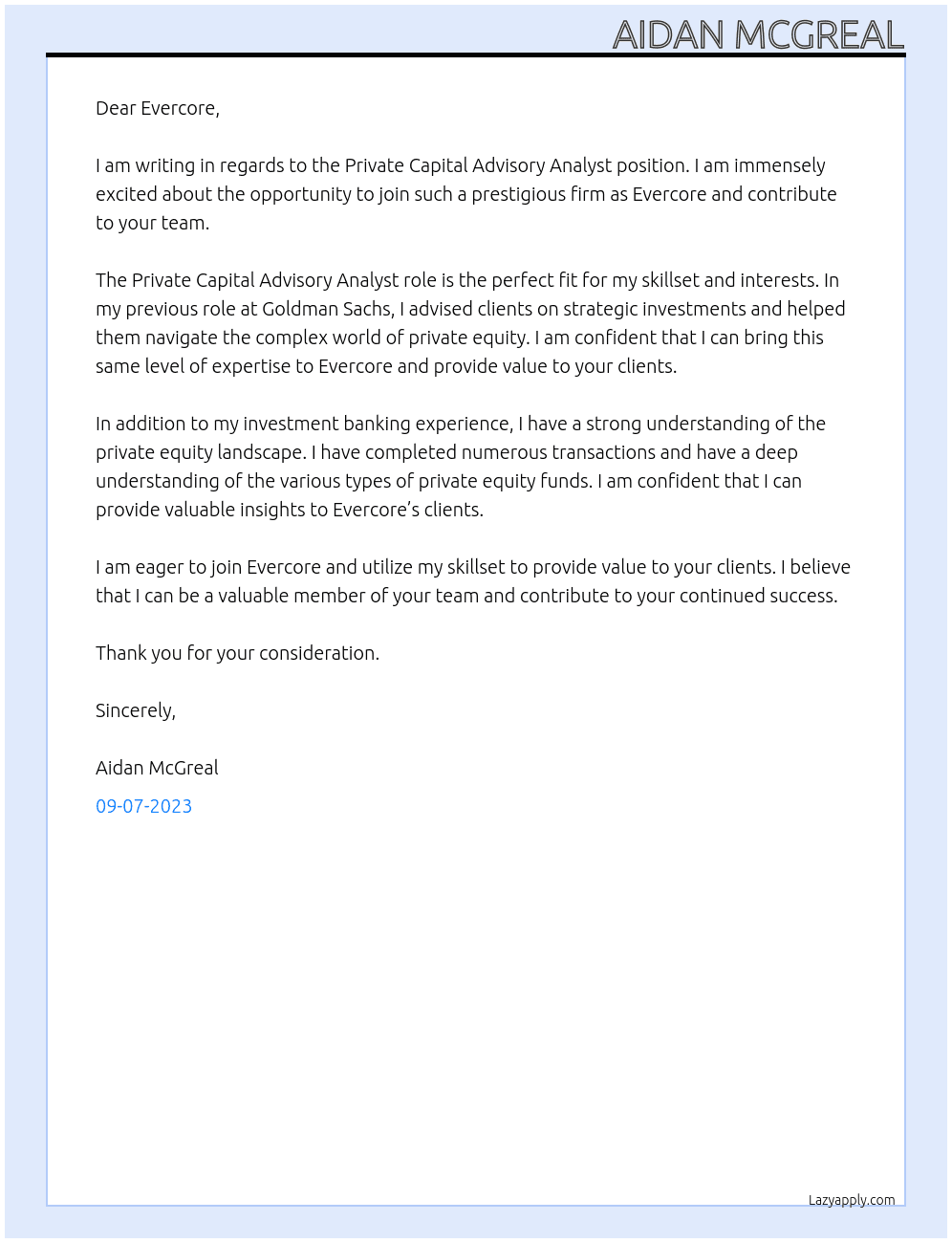 Private Capital Advisory Analyst At Evercore Cover Letter