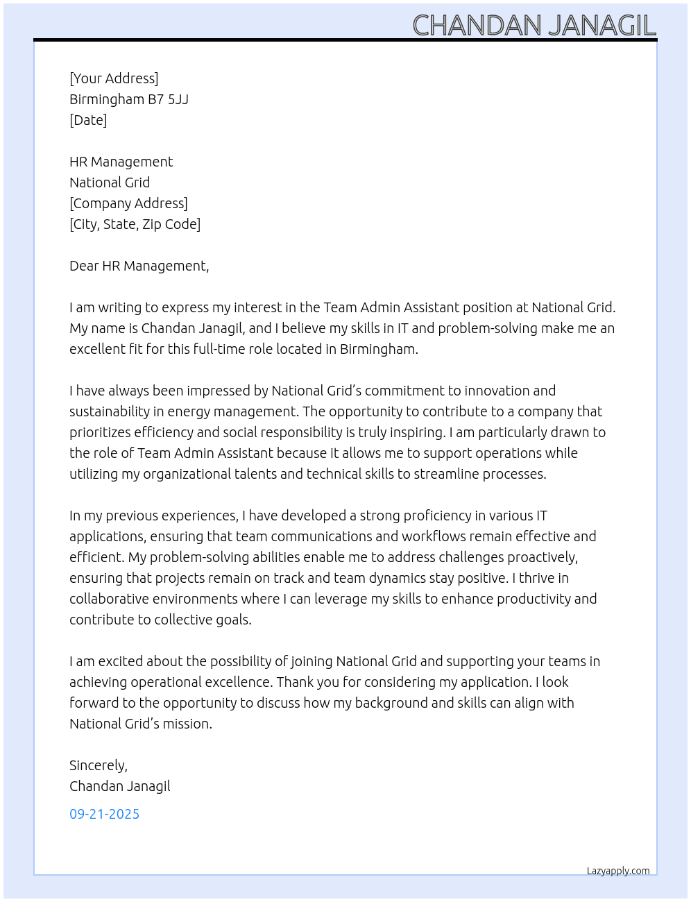 Cover letter for team admin assistant - LazyApply