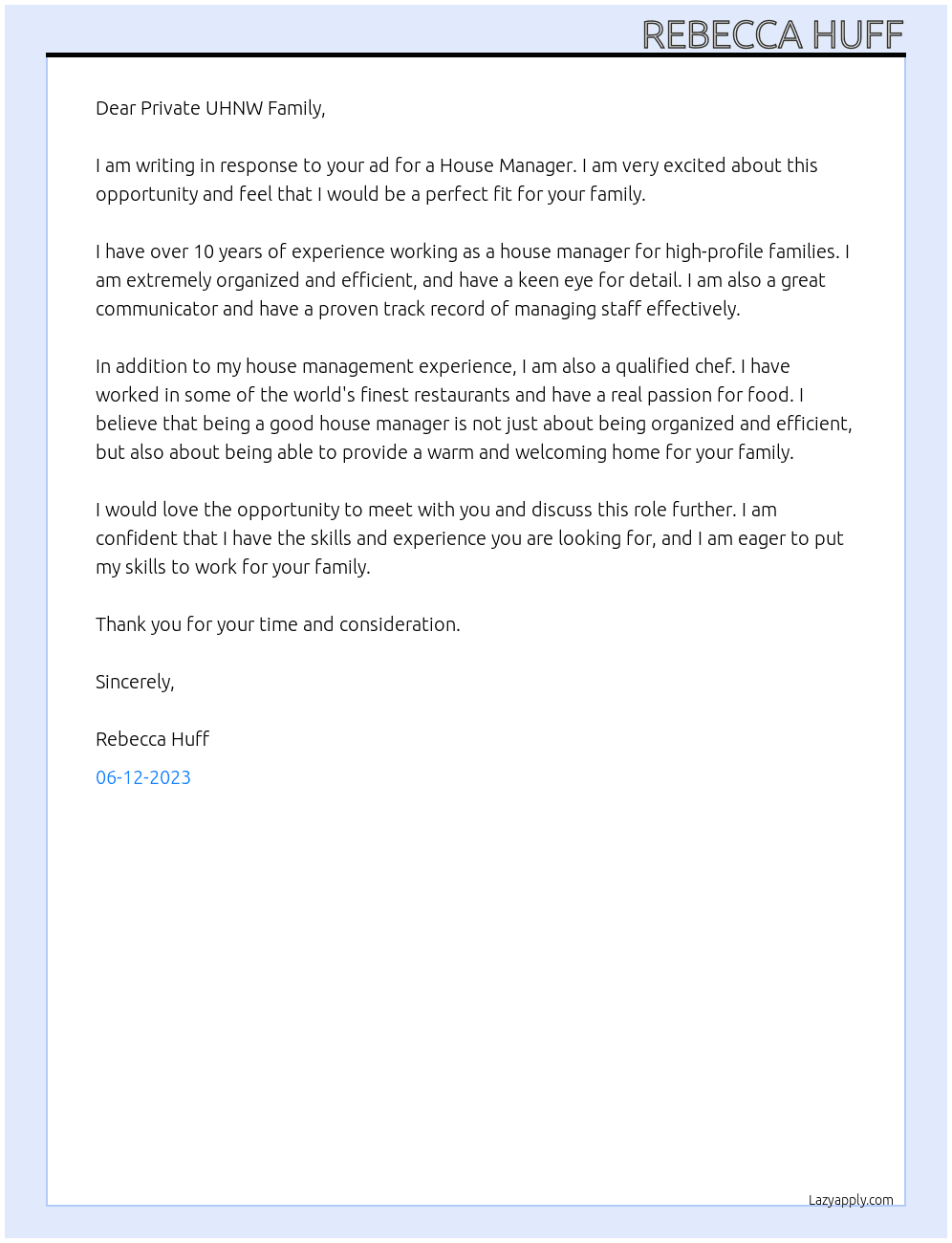 House Manager for private UHNW Family At The Pocketbook Agency Cover Letter