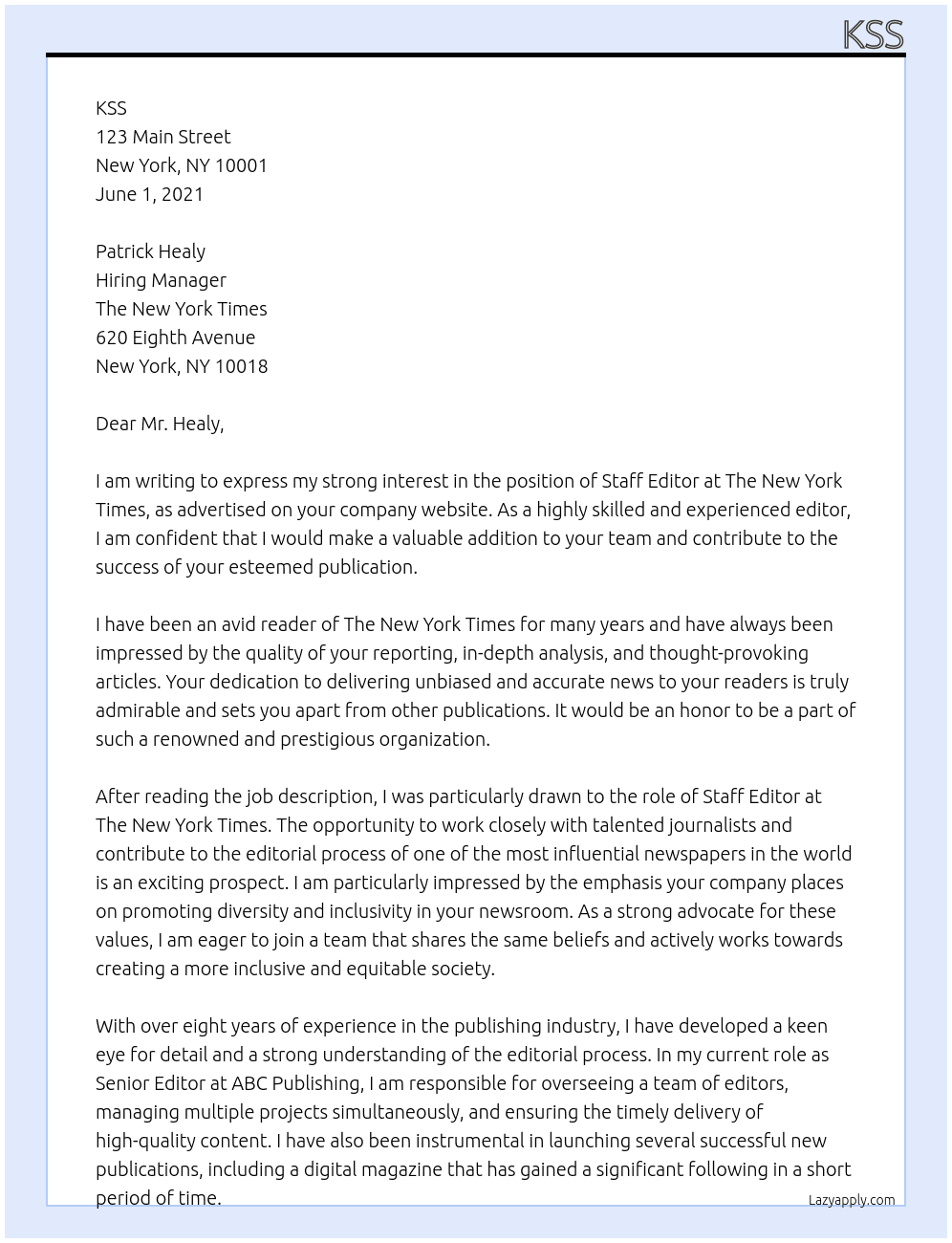 staff editor At The New York Times Cover Letter