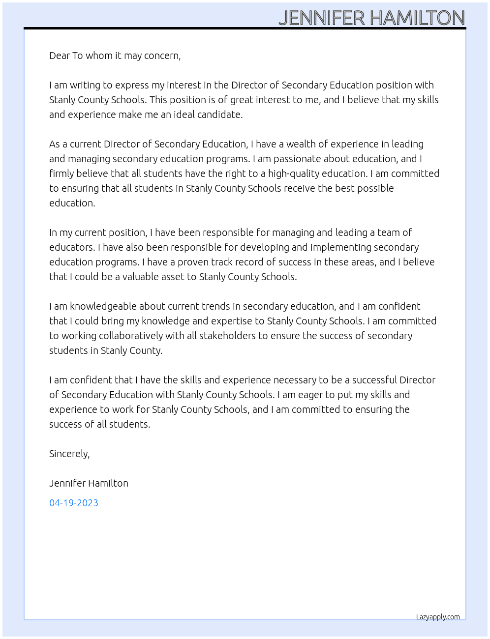 Director of Secondary Education At Stanly County Schools Cover Letter
