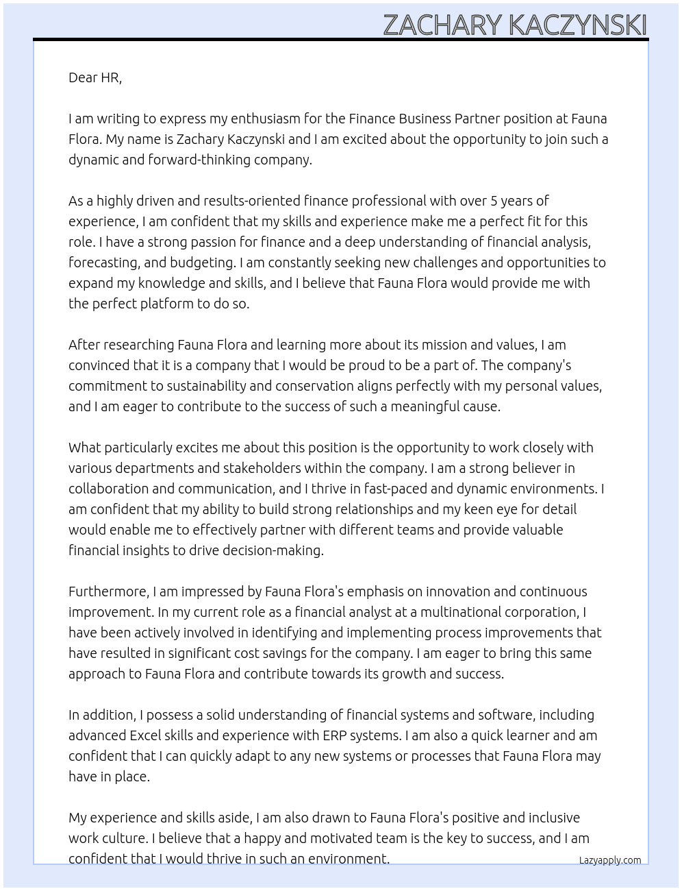 finance business partner At fauna flora Cover Letter