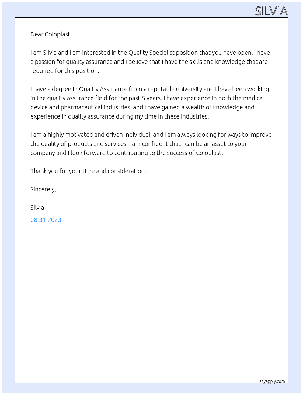 Quality specialisz At Coloplast Cover Letter