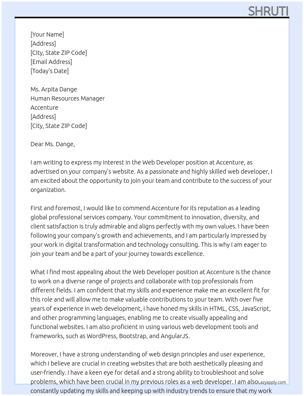 Web Developer At Accenture Cover Letter