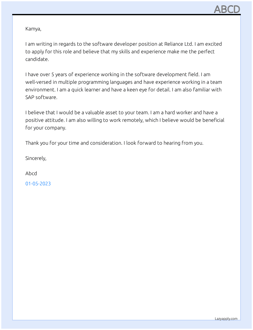 Software developer  At Reliance Ltd Cover Letter
