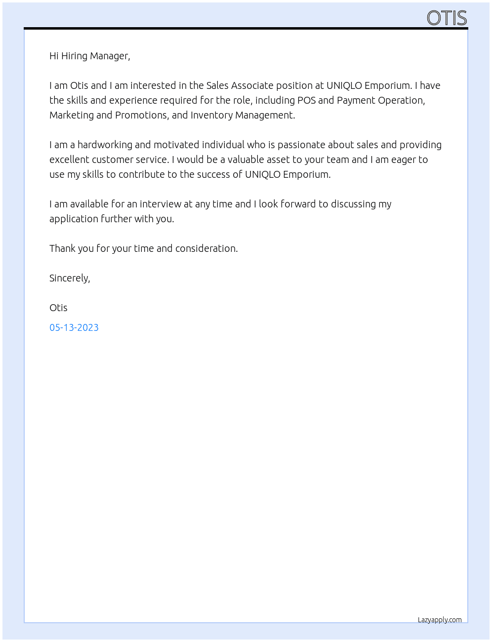 Sales Associate At UNIQLO Emporium Cover Letter