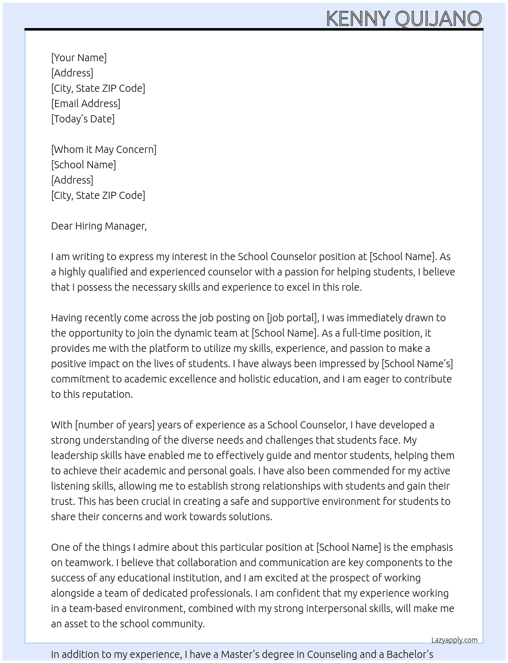 School Counselor At School Cover Letter