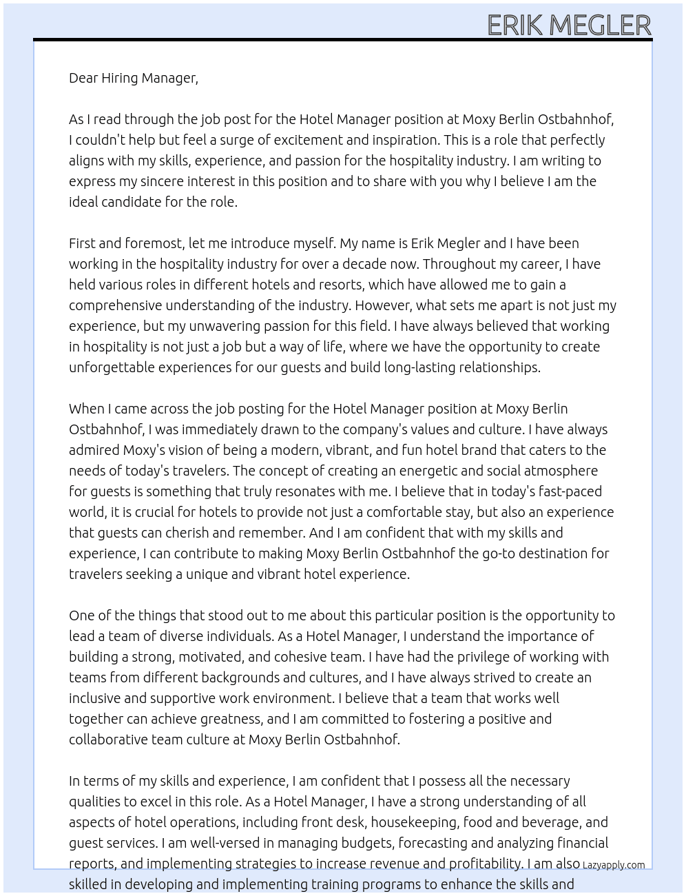 Hotel Manager At Moxy Berlin Ostbahnhof Cover Letter