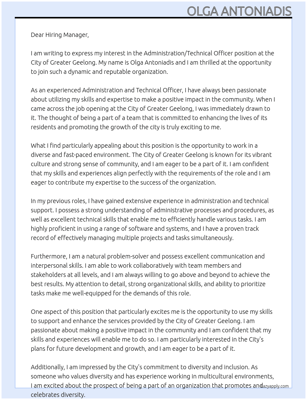 Administration/Technical Officer At City of Greater Geelong Cover Letter