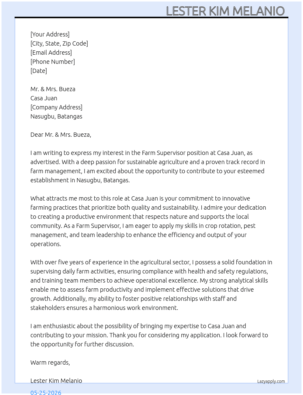 Cover letter for farm supervisor - LazyApply