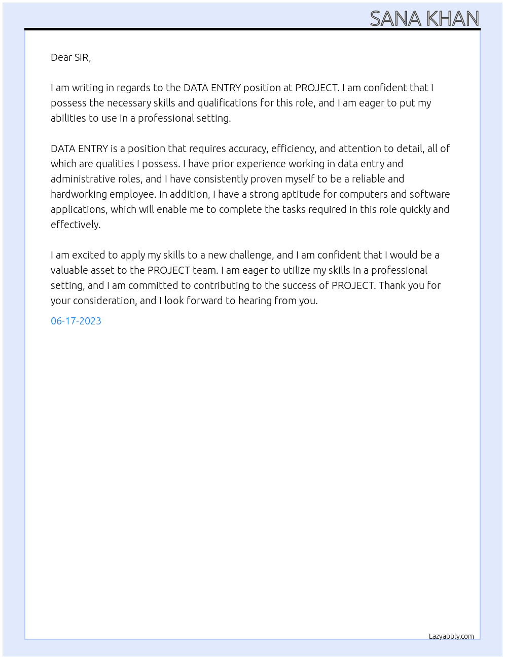 DATA ENTRY At PROJECT Cover Letter