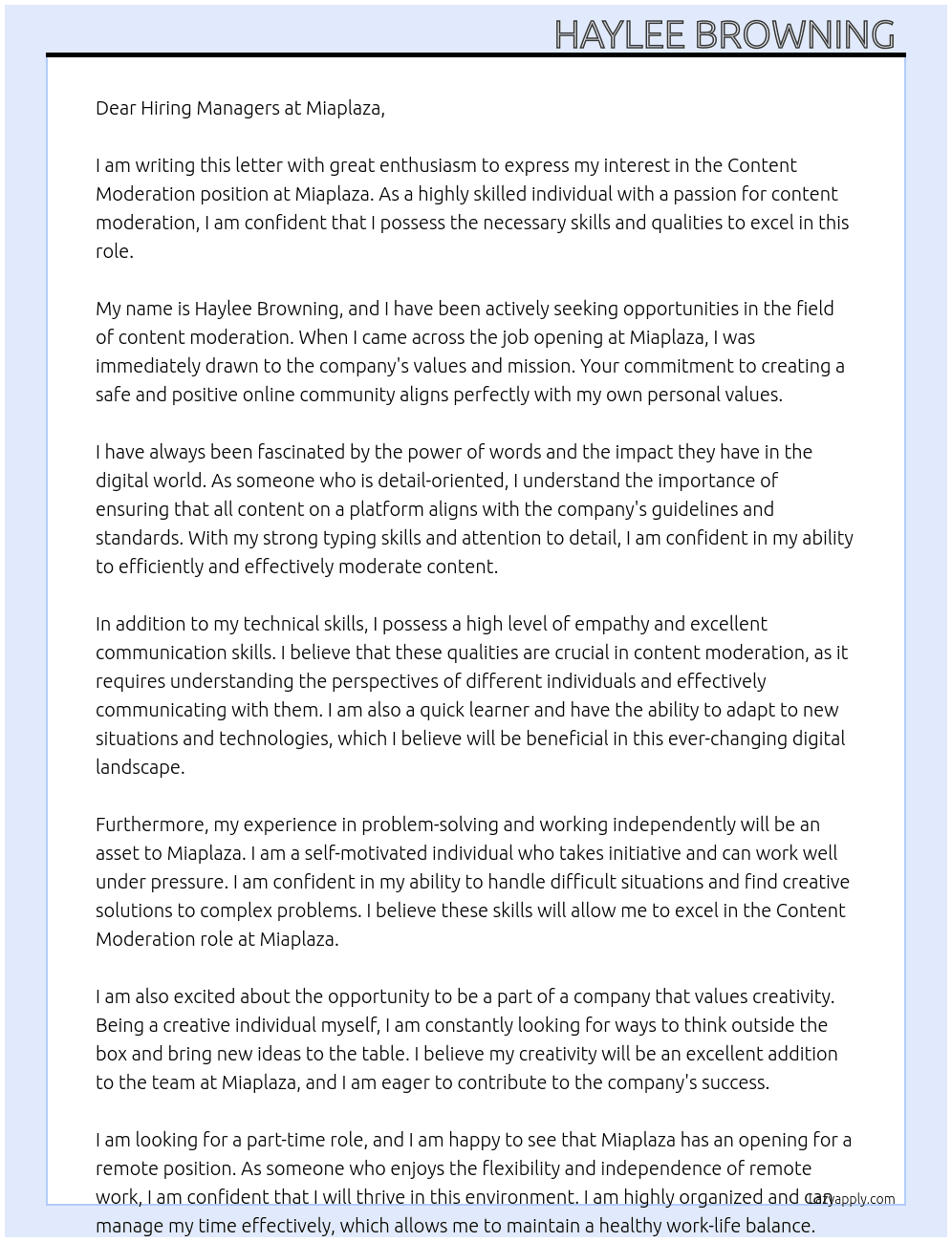 Content moderation   At Miaplaza Cover Letter