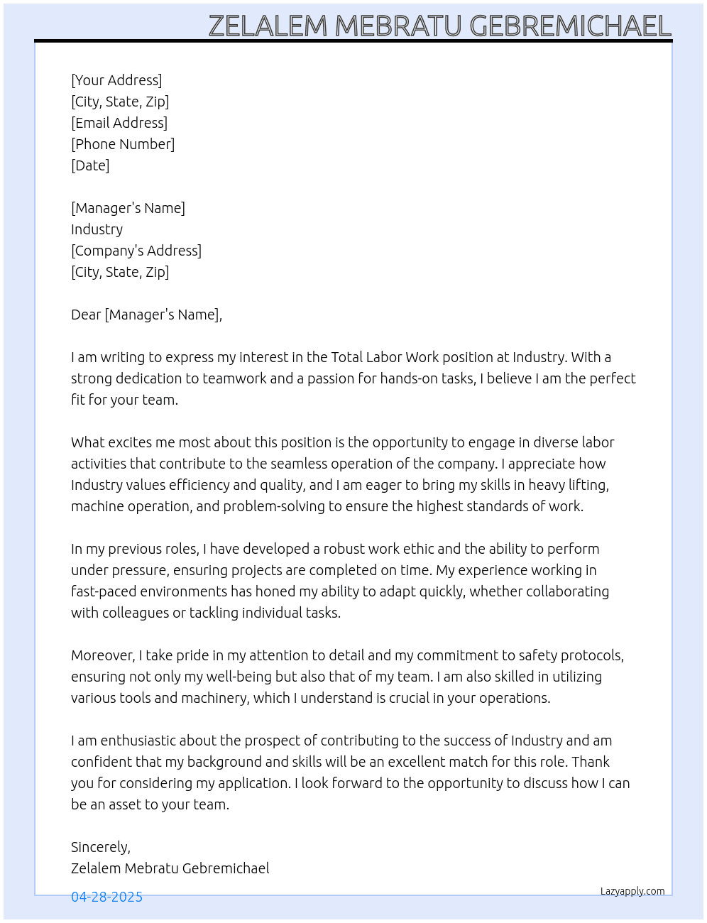 Total labor work At Industry  Cover Letter
