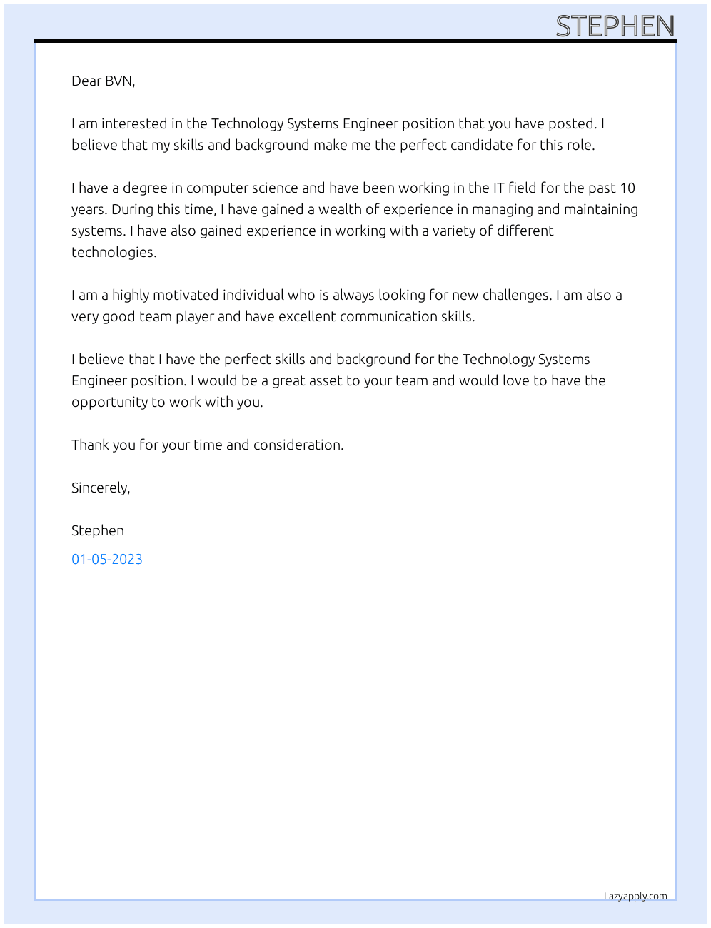 Cover letter for technology systems engineer - LazyApply