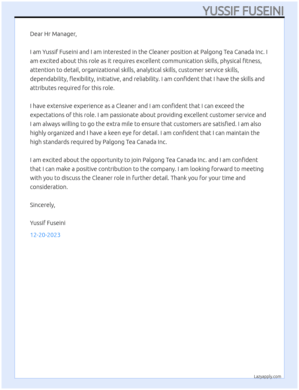 Cleaner At Palgong Tea Canada Inc. Cover Letter