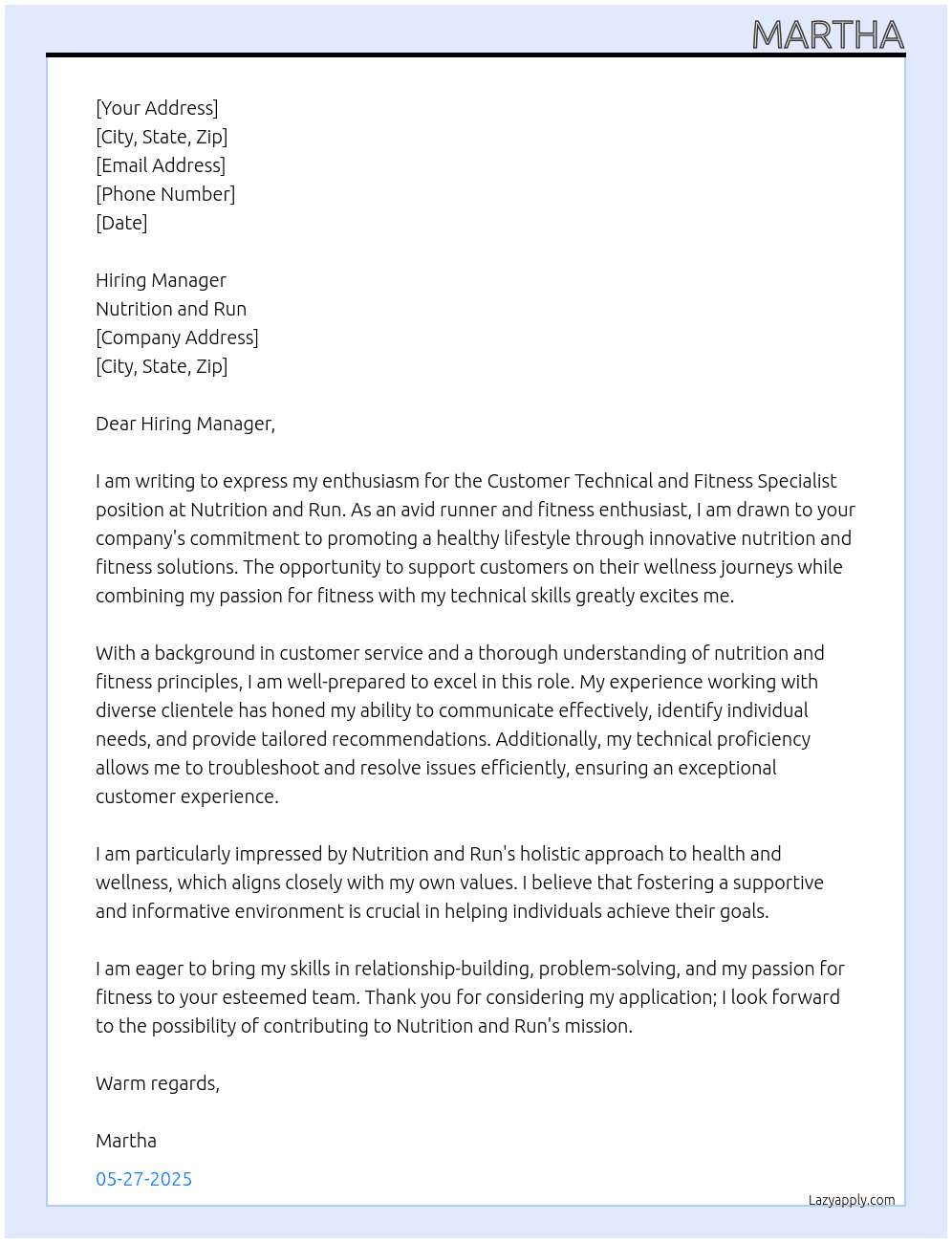 Customer Customer Technical and Fitness Specialist At Nutrition and Run Cover Letter
