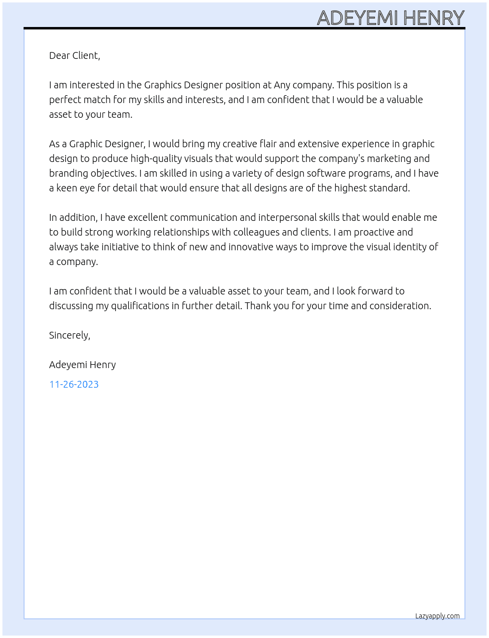Graphics Designer  At Any company  Cover Letter