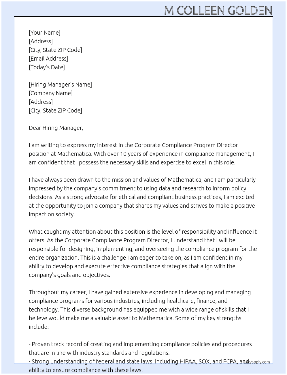 Corporate Compliance Program Director At Mathematica Cover Letter