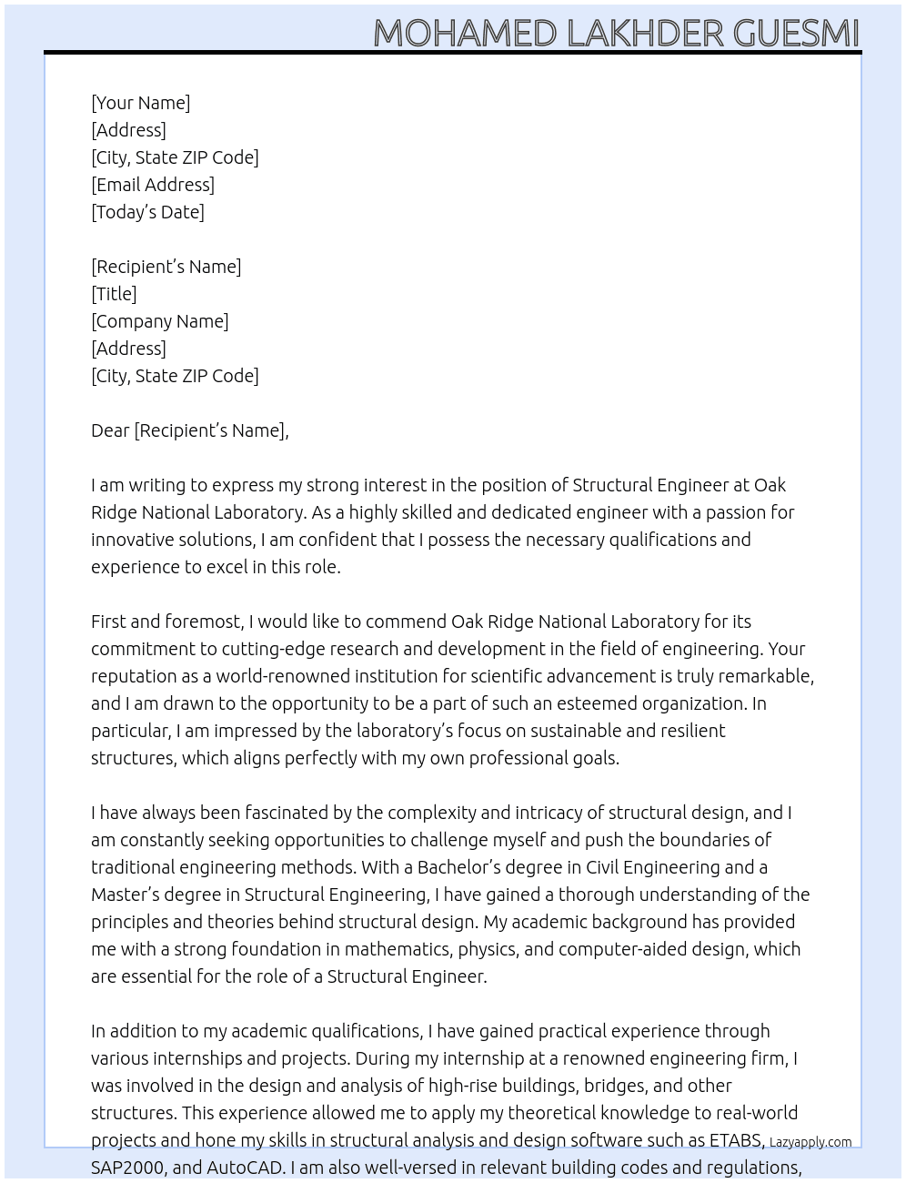 Structural Engineer At Oak Ridge National Laboratory, United States Cover Letter