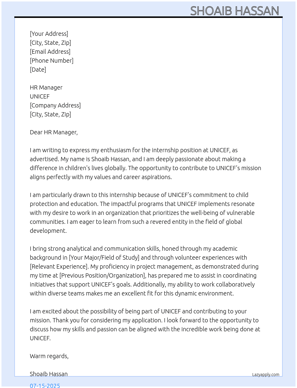 Unicef internship  At Unicef  Cover Letter