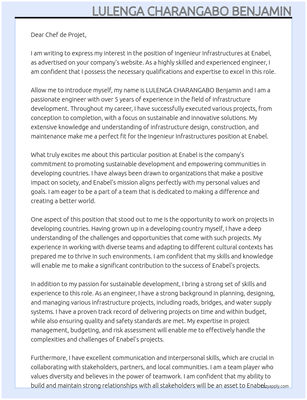 Ingenieur infrqstructures At Enabel Cover Letter