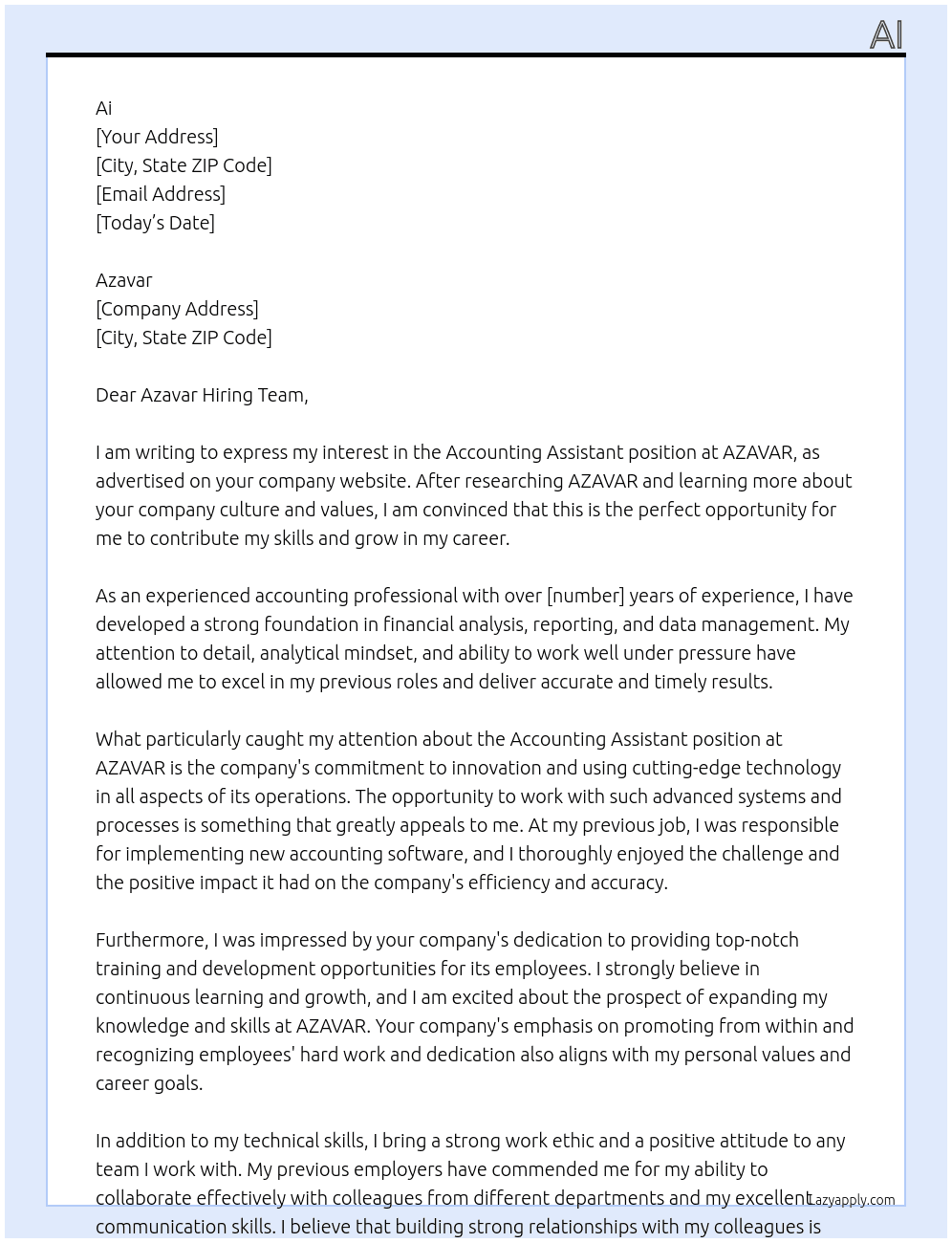 Accounting assistant  At AZAVAR Cover Letter