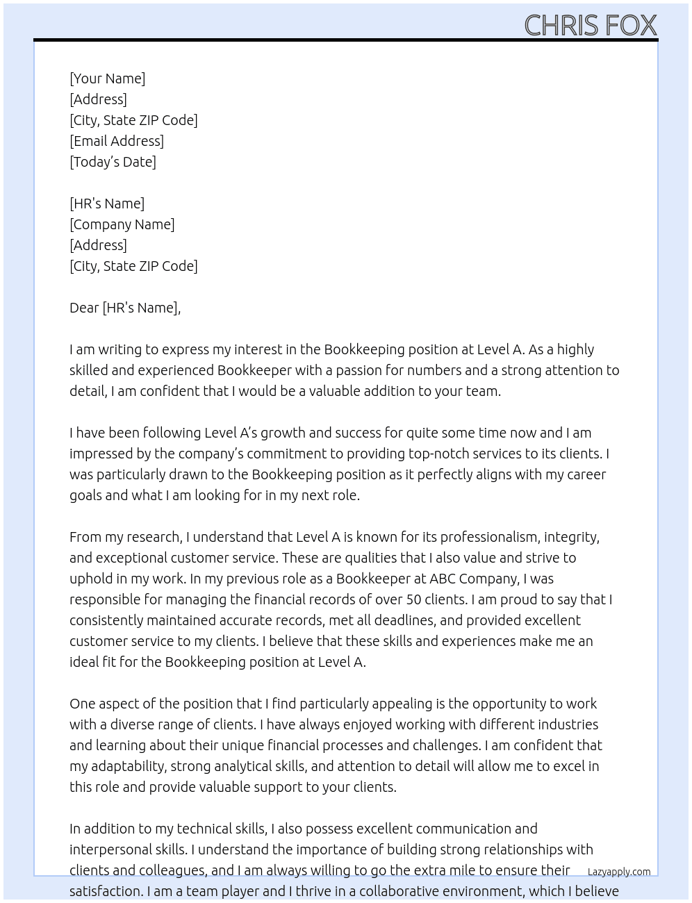 Bookkeeping  At Level A Cover Letter