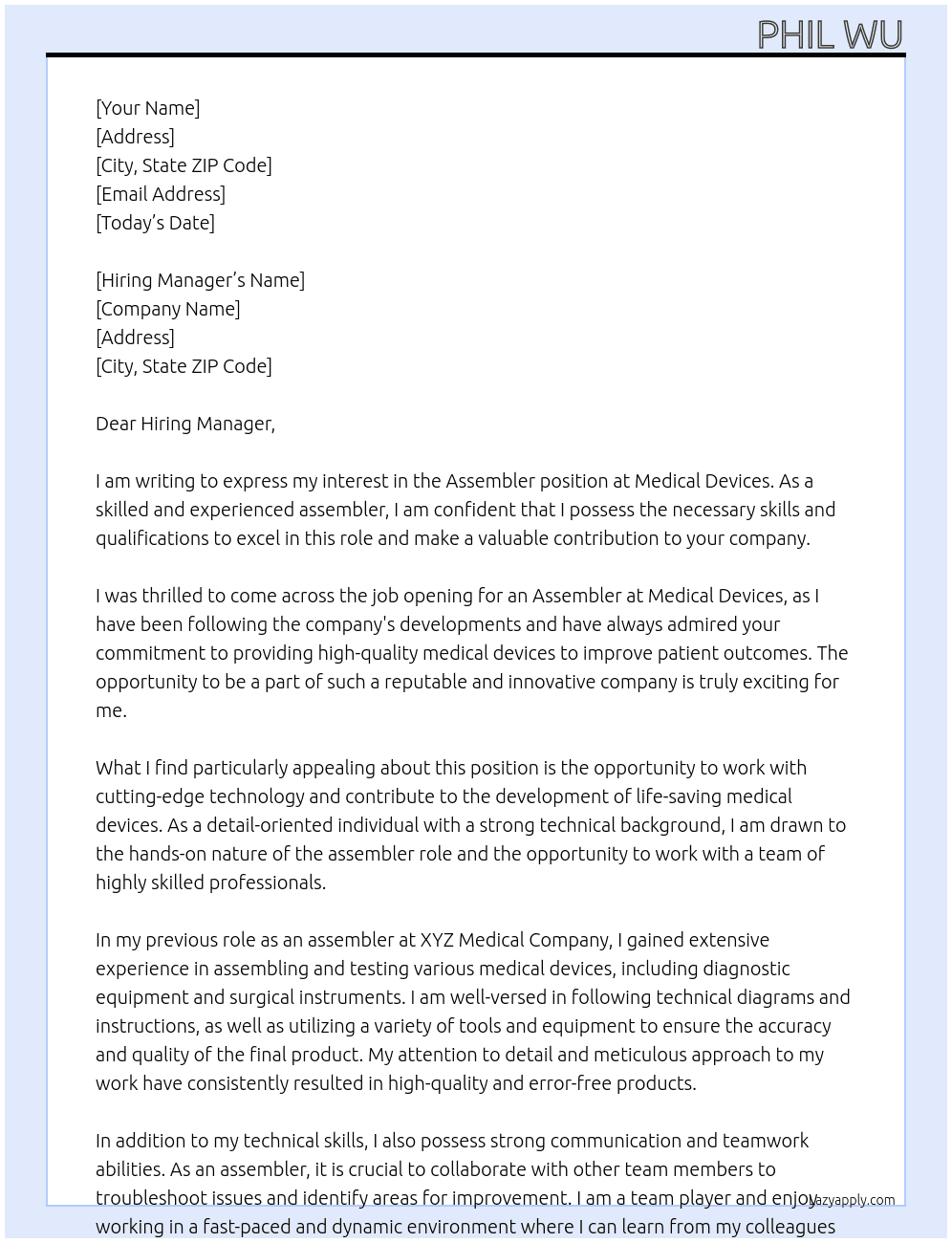 Assembler At Medical devices Cover Letter