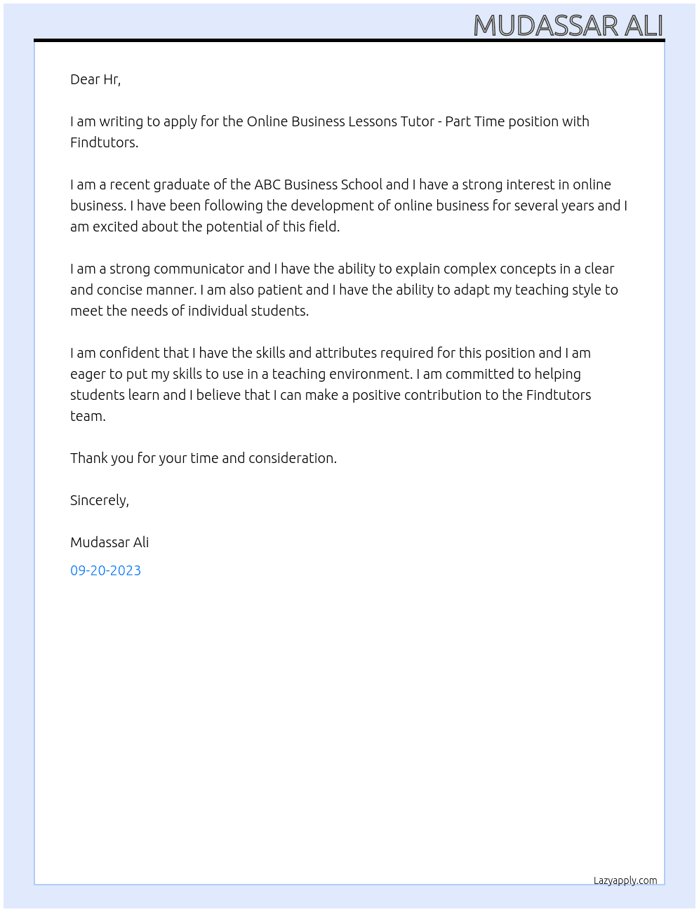 Online Business Lessons Tutor - Part Time At Findtutors Cover Letter