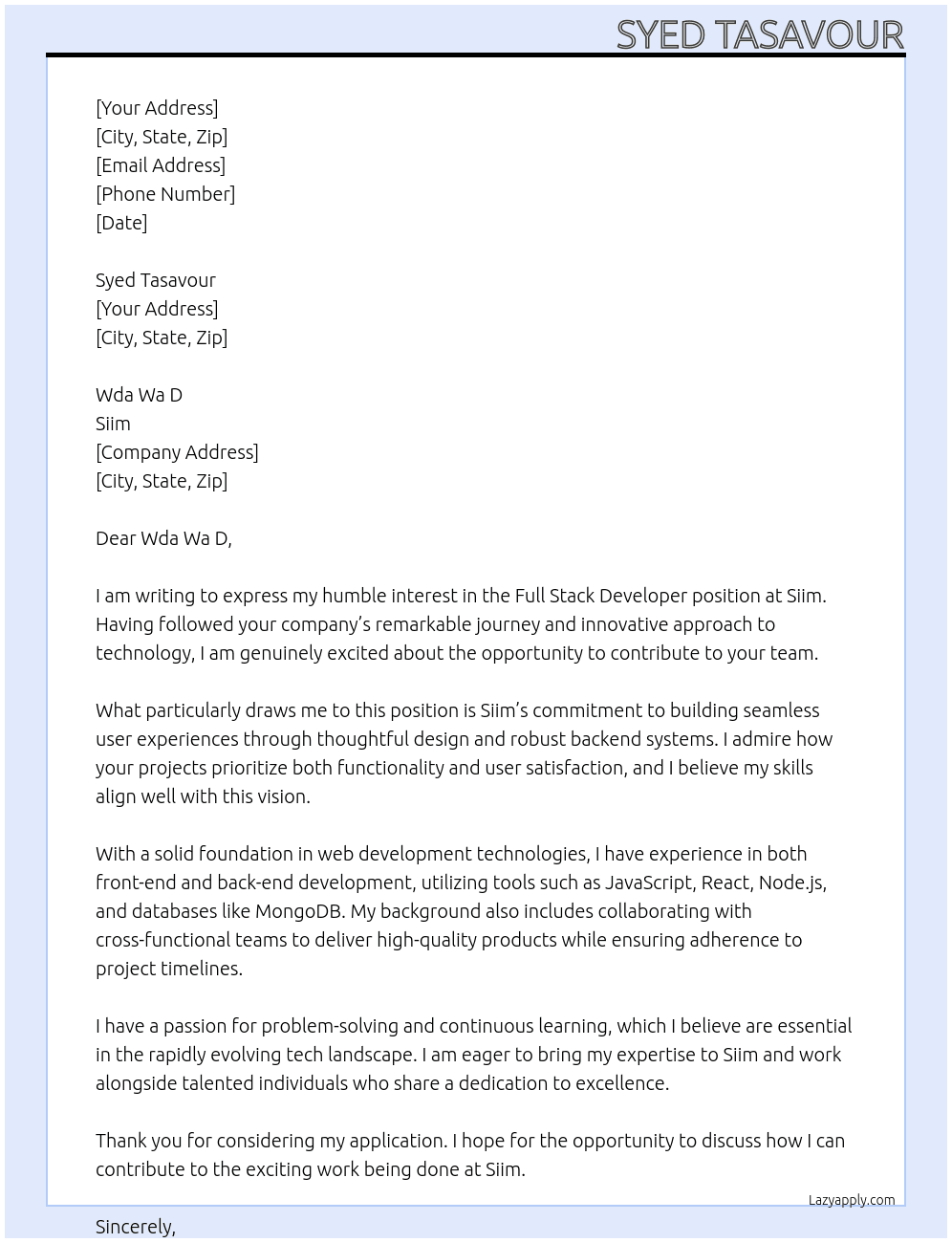 Full Stack Developer At Siim Cover Letter