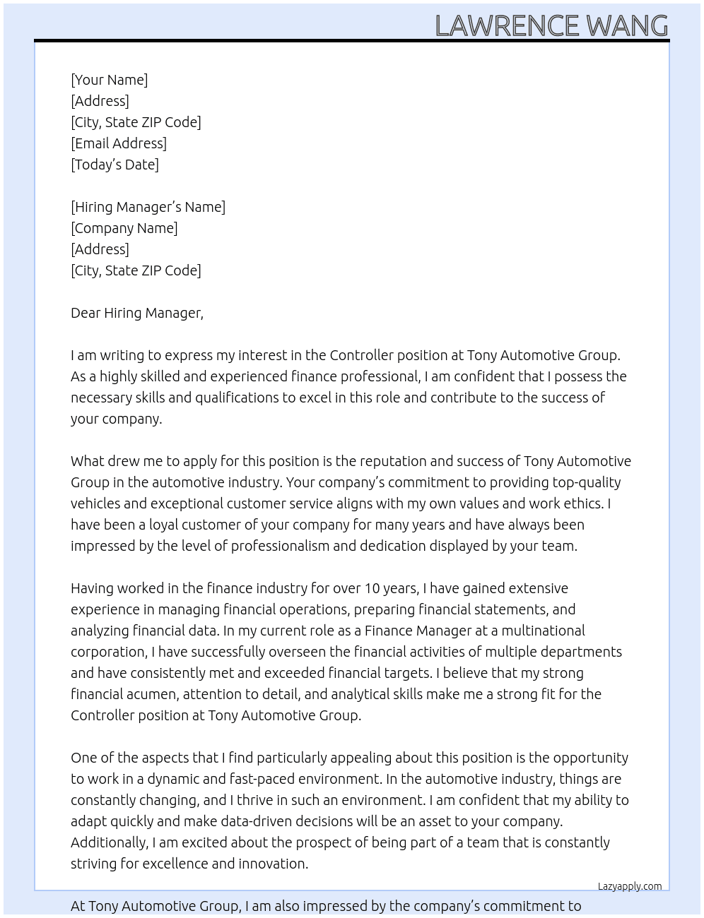 Controller At Tony Automotive Group Cover Letter