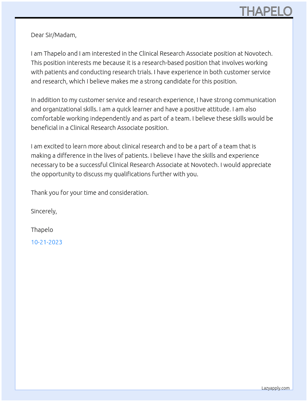 Clinical Research Associate At Novotech Cover Letter