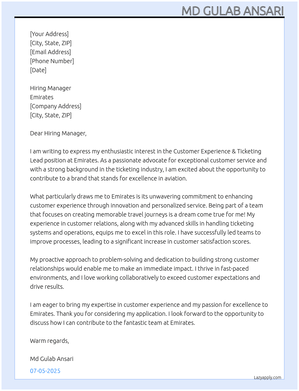 Cover letter for customer experience & ticketing lead - LazyApply