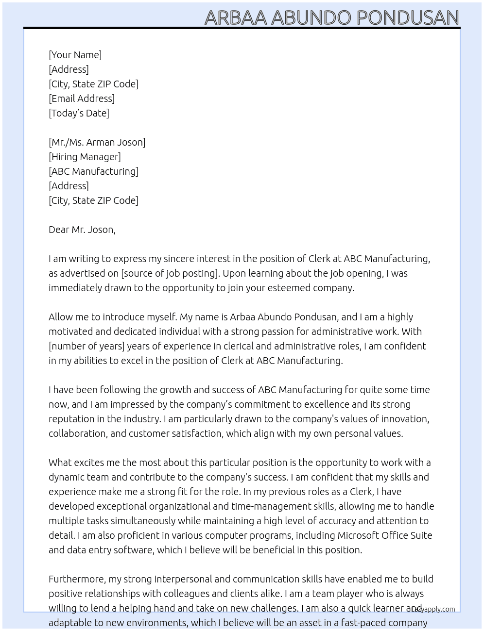 CLERK At ABC MANUFACTURING Cover Letter