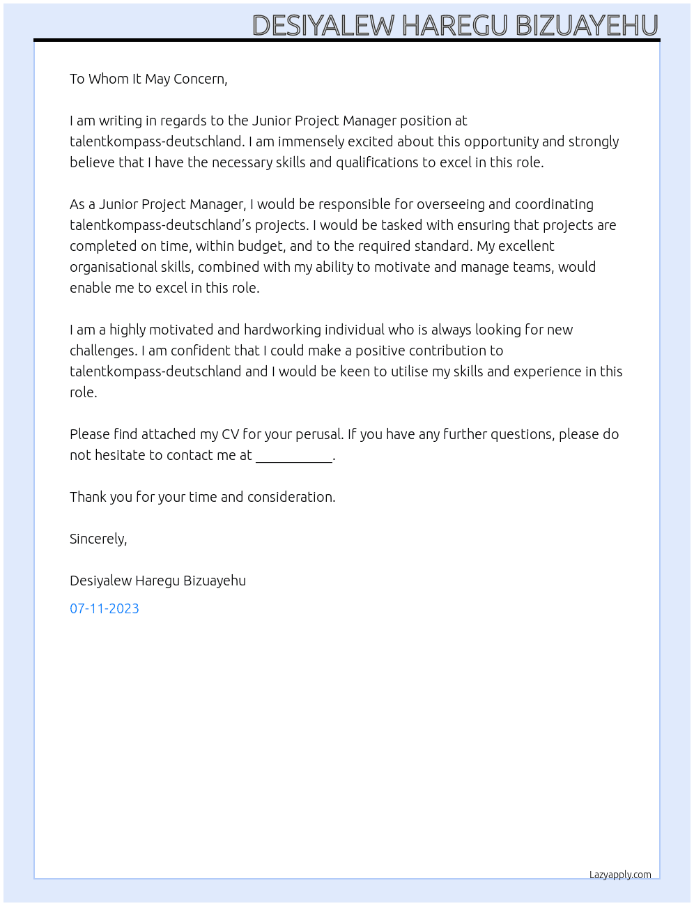 Junior Project Manager At talentkompass-deutschland Cover Letter