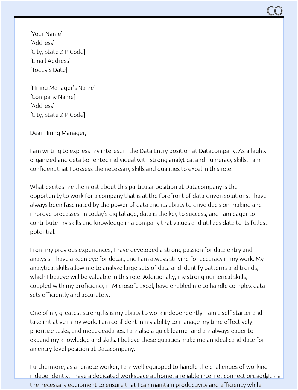 Date entry  At Datacompany  Cover Letter