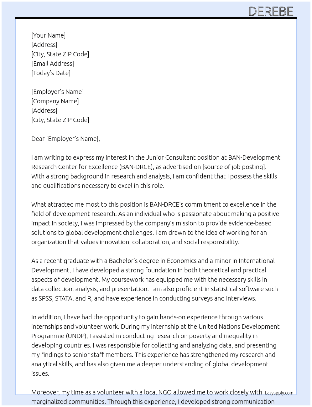 Junior Consultant At BAN-Development Research Center for Excellence (BAN-DRCE) Cover Letter