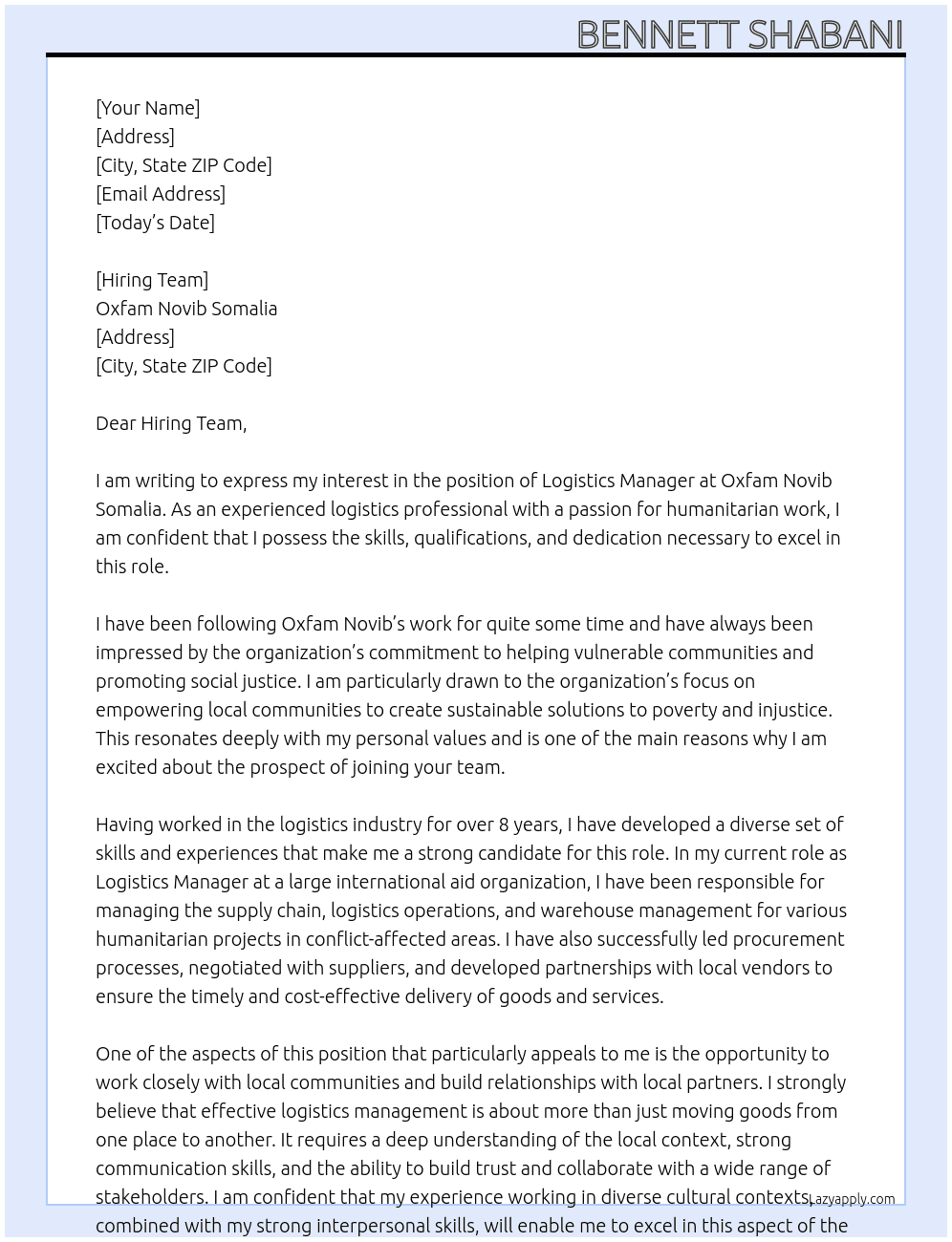 Logistics Manager  At Oxfam Novib Somalia Cover Letter