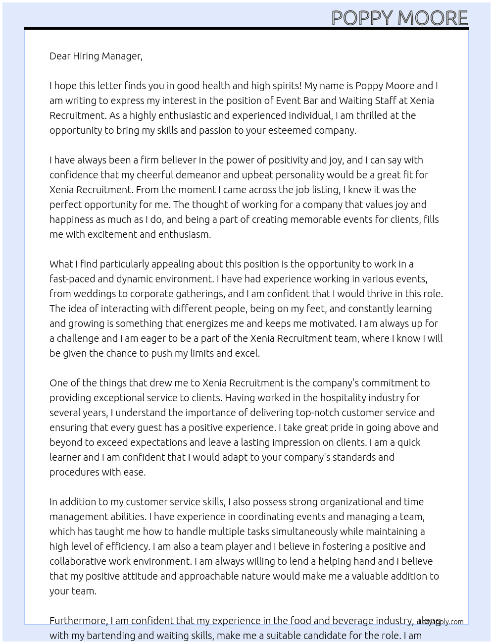 Event bar and waiting staff At Xenia Recruitment Cover Letter
