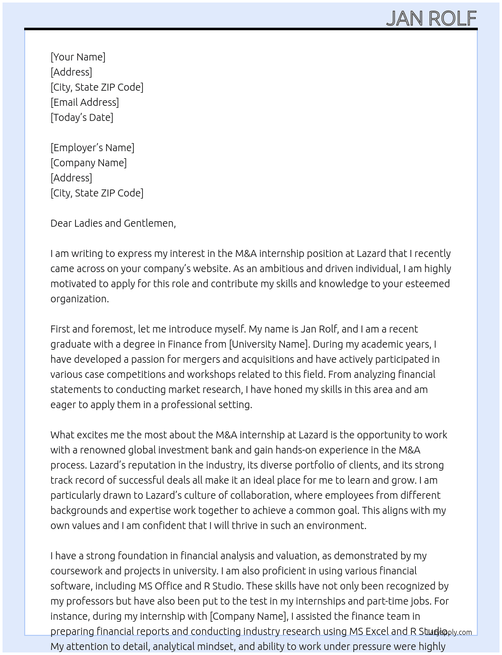 M&A internship At Lazard Cover Letter