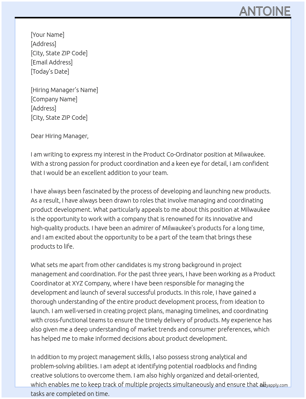 Product Co-Ordinator At Milwaukee Cover Letter